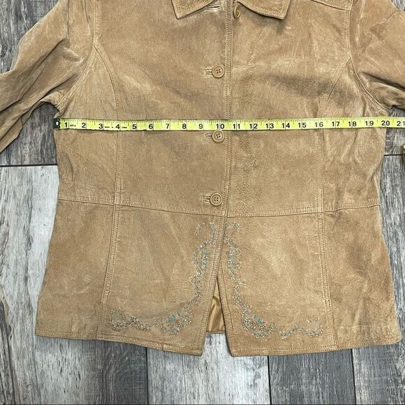 Brandon Thomas Tan Leather Jacket Cutout Turquoise Design Beaded Detail Medium - Picture 14 of 16